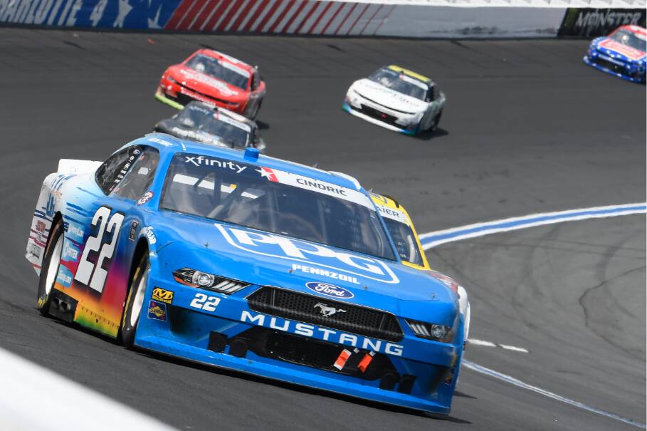Team Penske's Austin Cindric led Ford in ninth in Saturday's NASCAR Xfinity race. Team Penske's Austin Cindric led Ford in ninth in Saturday's NASCAR Xfinity race.